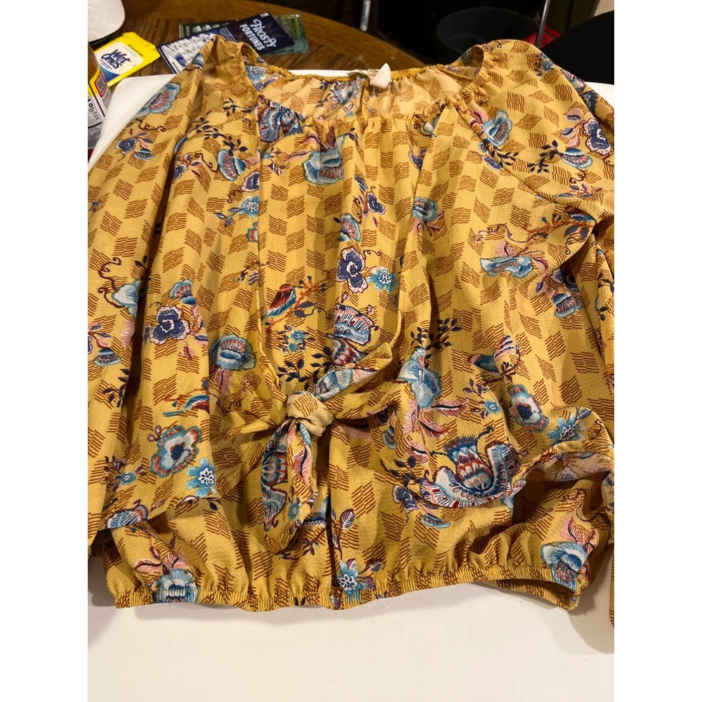 LA GYPSY Women's Yellow Floral Tie Front Blouse Size M